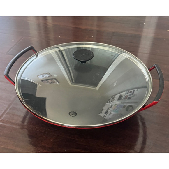 Le Creuset Wok Cooking Pan StirFry Red #36 France Glass Lid CRACK IN LID - Picture 1 of 6